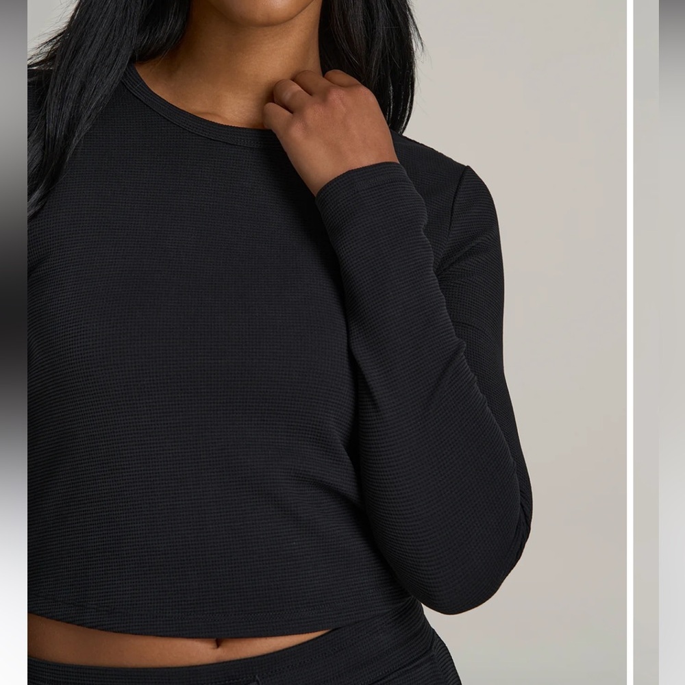 American Tall XL NEW Cropped Long Sleeve Waffle Shirt Black Crew Lounge Comfy